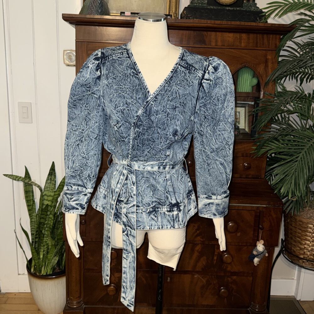 NWT Who What Wear Acid Wash Denim Wrap Jacket Puff Sleeve Retro 80s Belted Sz 14